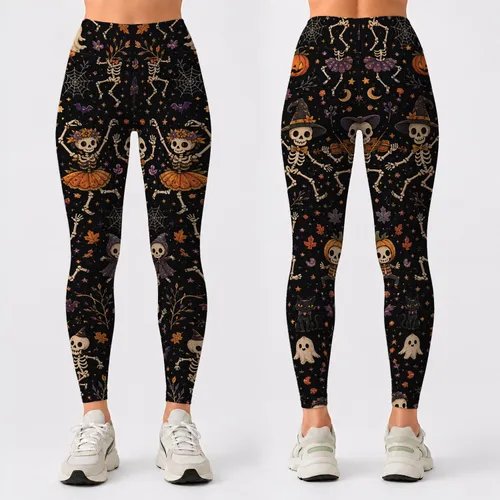 Dancing Skeletons And Jack O Lanterns For Halloween Parties, Costumes And Spooky Style Leggings