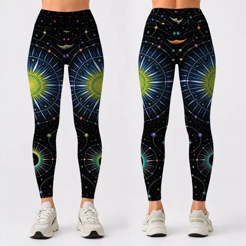 Celestial Sunburst Moon Constellation Cosmic Night Sky Yoga Festival Wear for Women Leggings