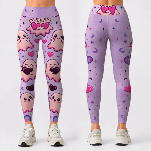 Cute Pink Ghosts And Neon Candy Hearts For Halloween Parties And Cozy Nights Women Leggings