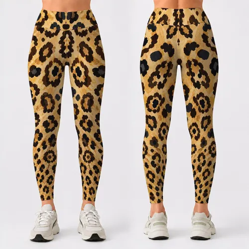 Golden Leopard Rosette Animal Motif For Everyday Streetwear Travel And Active Women Leggings