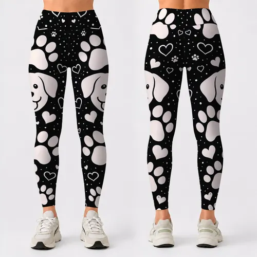 Black White Dog Paw Hearts Pet Lover Yoga Lounge Streetwear Daily Gift For Women Leggings