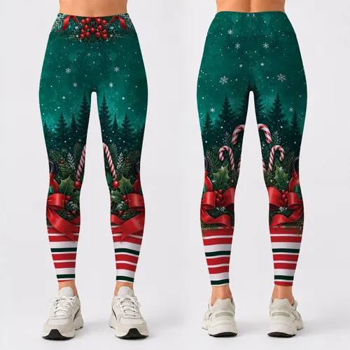 Evergreen Snow Candy Cane Ribbons For Christmas Yoga Gym Workouts And Holiday Runs Leggings