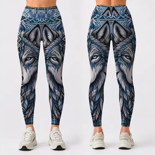 Icy Blue Wolf Head Totem With Geometric Filigree For Winter Festival Style Women Leggings