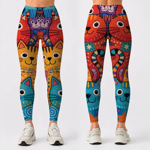 Whimsical Folk Art Cartoon Cats Colorful Doodle Collage For Everyday Cat Lover Style Leggings