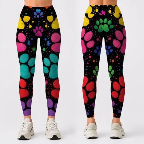 Colorful Paw Marks On Matte Black For Pet Lovers Casual Streetwear Plus Size Style Leggings