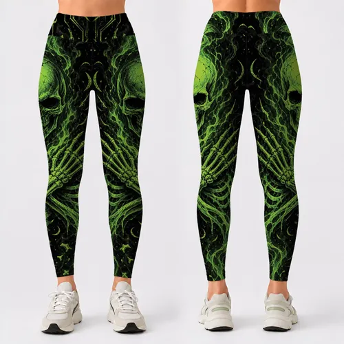 Glow In The Dark Green Skeleton Ghost Halloween Gothic Athletic Workout Yoga For Women Leggings