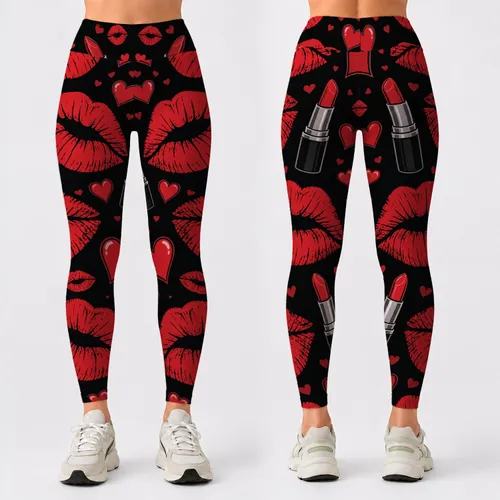 Black Red Lipstick Kisses And Hearts For Romantic Lounge Nights And Galentine Style Leggings