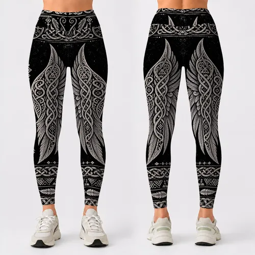 Nordic Angel Wings With Celtic Knotwork For Boho Viking Streetwear Women Festival Leggings