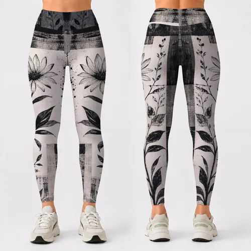 Monochrome Botanical Patchwork Collage For Urban Streetwear And Modern Minimalist Style Leggings