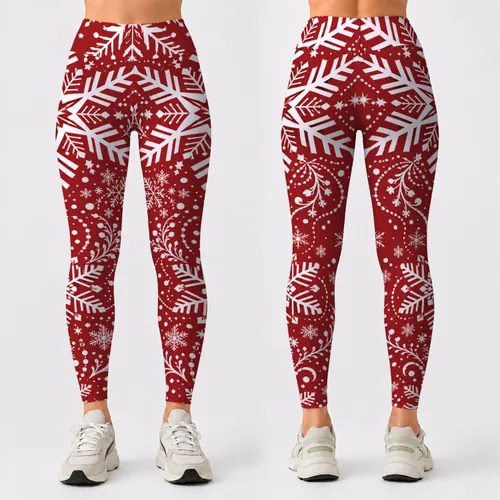 Cranberry Red White Snowflake Nordic Christmas Winter Holiday Yoga Outfit For Women Leggings