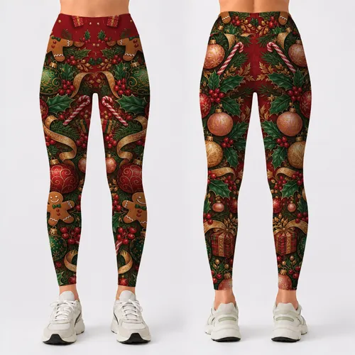 Crimson Christmas Garland With Holly Ornaments Gingerbread For Holiday Party Outfits Leggings