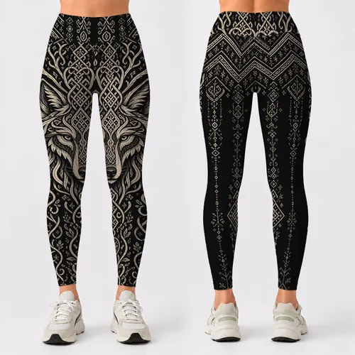 Nordic Wolf Knotwork Black And Ivory Activewear For Gothic Festival And Outdoor Style Leggings