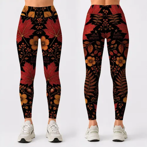 Vintage Autumn Botanical Maple Leaves And Wildflowers For Cozy Fall Outfits Women Leggings