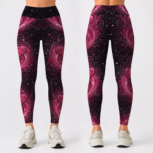 Fuchsia Glitter Hearts With Pink Ribbon For Valentine’s Day Romance And Date Night Leggings
