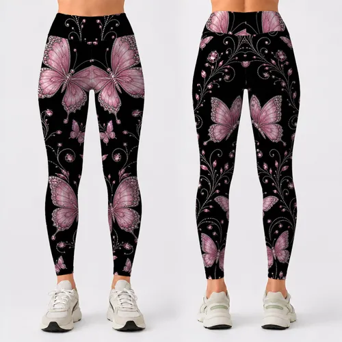 Pink Butterfly Rhinestone Floral Motifs for Evening Glamour and Plus Size Women Leggings
