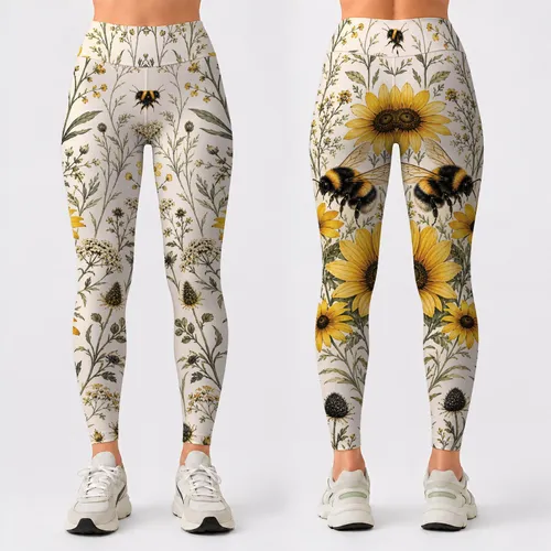 Vintage Bumblebee Wildflower Botanical Garden For Cottagecore Picnics And Nature Lovers Leggings