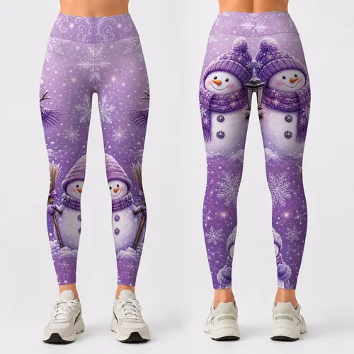 Whimsical Lavender Snowman Snowflake Cozy Winter Holiday Everyday Outfit For Women Leggings