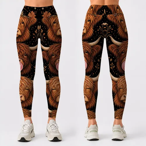Highland Cow Portraits With Wildflowers Bubblegum Rustic Boho Country Style Women Leggings