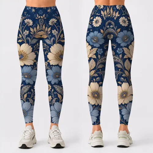 Indigo Faux Denim Boho Floral Paisley Outer Side Bouquet For Casual Vacation Women Leggings