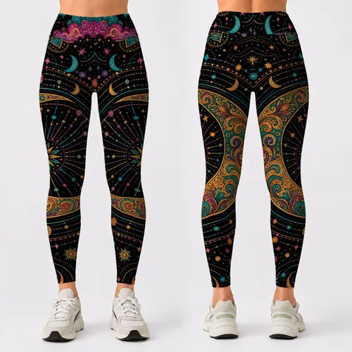 Celestial Crescent Moon Mandala With Neon Stars For Yoga Festival Boho Night Sky Leggings