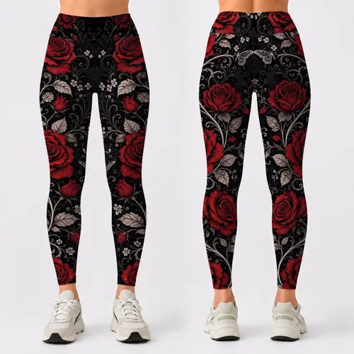 Crimson Rose Western Gothic Scrolls On Black For Dark Romantic Country Nights Outfits Leggings