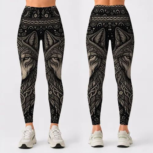 Nordic Wolf Knotwork With Boho Viking Woodland Motifs For Festival Yoga And Hiking Leggings