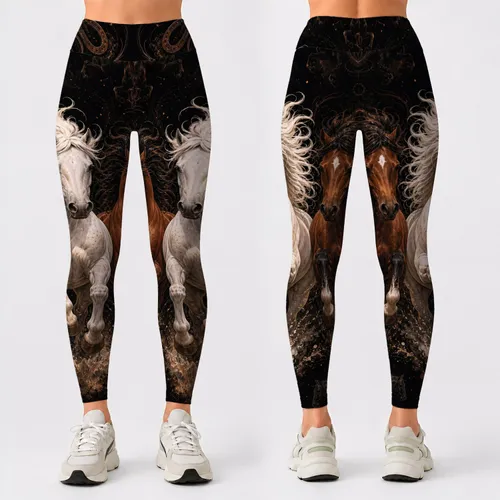 Galloping White And Chestnut Horses On Black For Gym Yoga Riding Style Women Athleisure Leggings