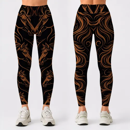 Copper Horse Head Silhouettes On Black For Western Rodeo Style And Equestrian Fans Leggings
