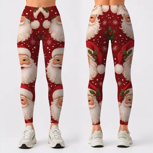 Vintage Santa Heads On Cranberry Linen Christmas Holiday Cozy Festive Plus Size Style Leggings