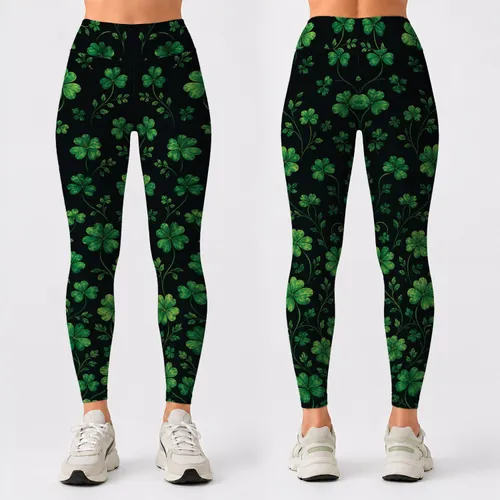 Emerald Four Leaf Clover Botanical For St Patrick's Day Yoga Everyday Style Women Leggings