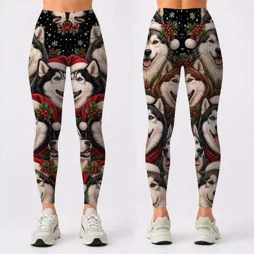 Christmas Husky Santa Hat Snowflakes With Holly Bells For Festive Winter Outfits Leggings