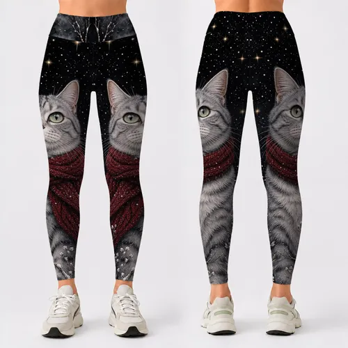 Silver Gray Tabby Cat Starry Winter Sky Cranberry Scarf Cozy Night Outfit For Women Leggings