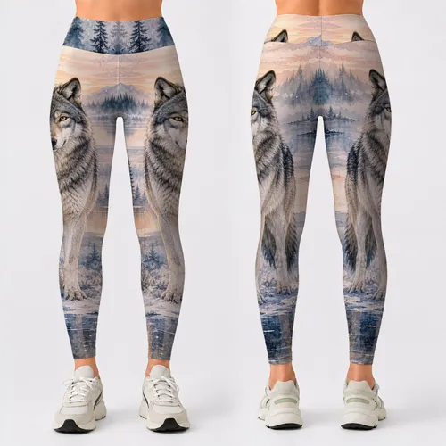 Gray Timber Wolf In Snowy Forest Watercolor Wilderness Style For Outdoor Yoga Women Leggings