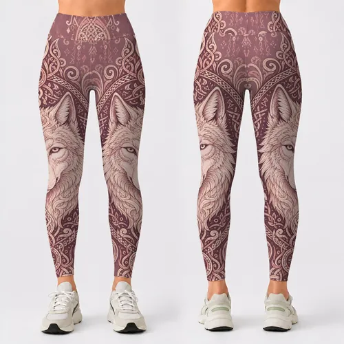 Noble Nordic Wolf Rune Knotwork In Dusty Mauve For Yoga Travel Retreats And Boho Women Leggings