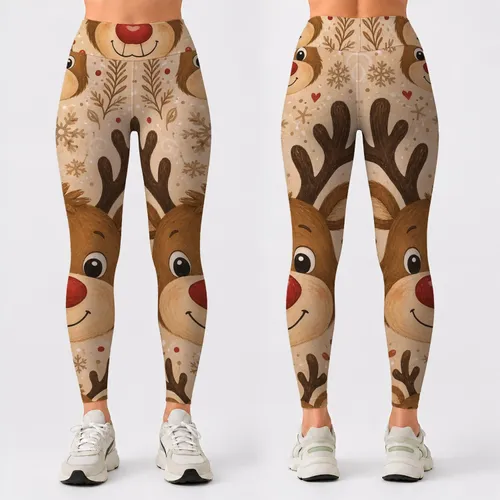 Cartoon Reindeer Faces On Oatmeal Beige For Cozy Christmas Pajama Parties Holiday Lounging Leggings