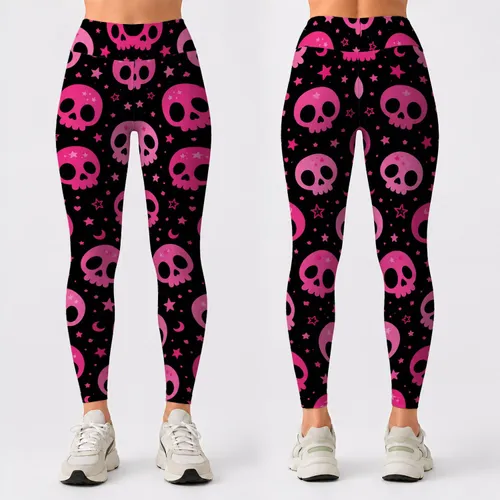 Hot Pink Skull Halloween Goth Party Outfit For Women Spooky Fitness And Festival Wear Leggings