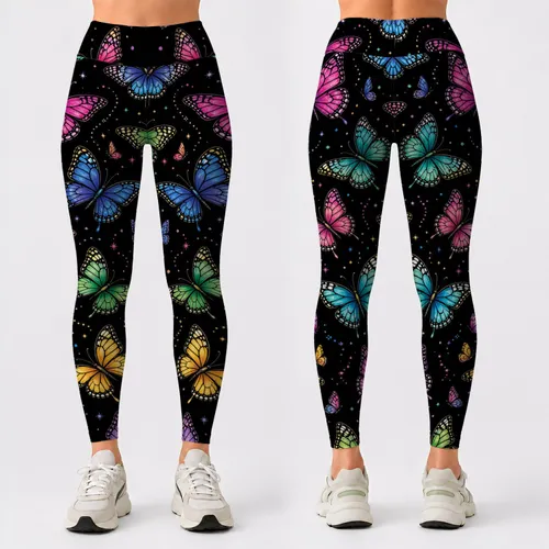 Colorful Stained Glass Butterflies for Yoga, Travel and Everyday Activewear Style Leggings