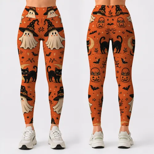 Cute Ghosts In Witch Hats Halloween Party Costume Outfit For Women Spooky Fall Wear Leggings