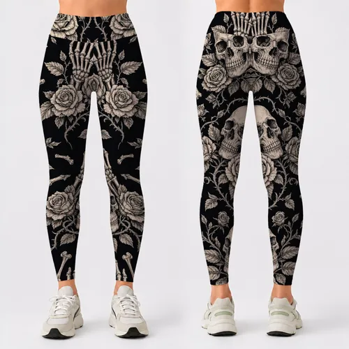 Gothic Skull Rose Skeleton Hand Halloween Outfit for Dark Romantic Streetwear Style Leggings