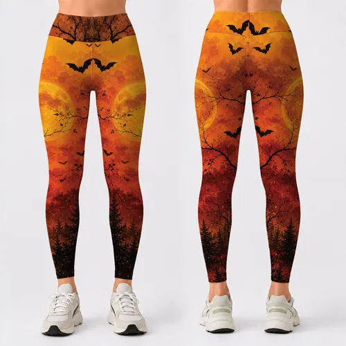 Black Cats Bats And Amber Moon Haunted Forest For Halloween Gothic Autumn Night Wear Leggings
