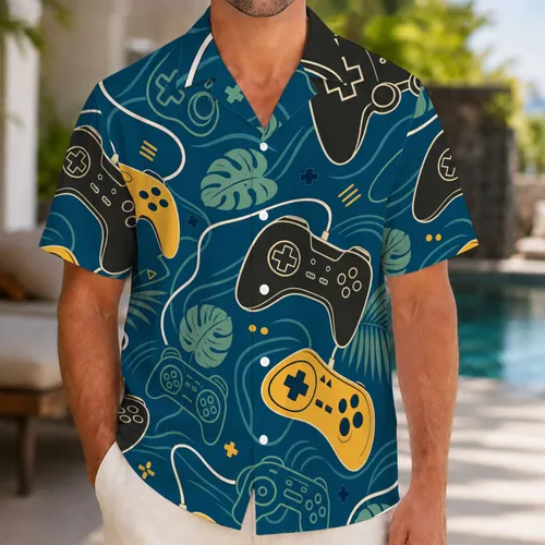 Retro Game Controllers and Tropical Leaves for Beach Vacation Gamers and Summer Travel Hawaiian Shirt
