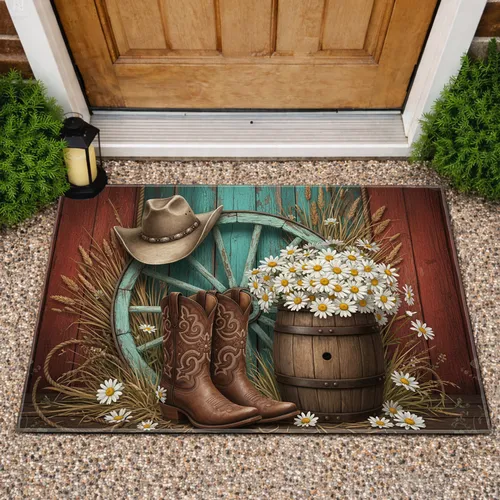 Cowboy Boots Wagon Wheel Hat Daisies - Farmhouse Home Decor Gift Doormat