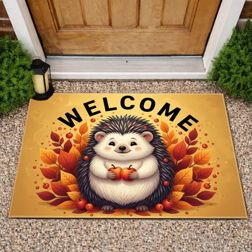 Welcome Hedgehog Autumn Leaves Berries - Fall Home Decor Gift for Hedgehog Lover Doormat