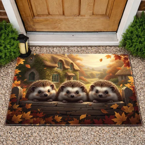 Curious Hedgehogs Autumn Leaves Stone Cottage - Wildlife Lover Gift Doormat