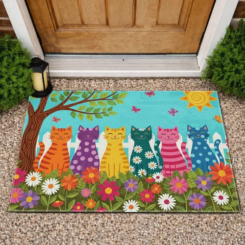 Seven Smiling Cats Garden Flowers - Home Decor Gift for Cat Lover Doormat