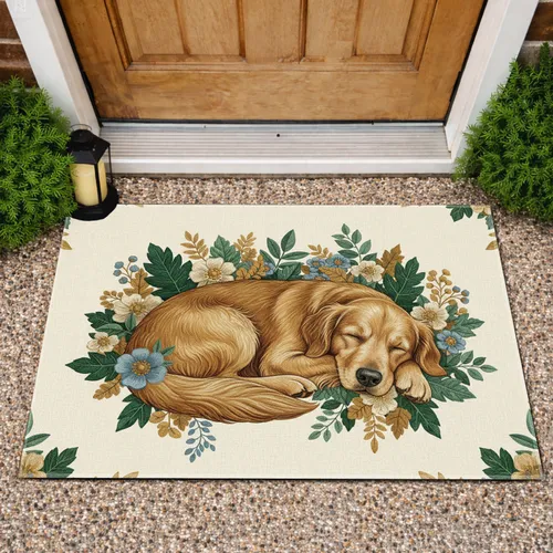 Golden Retriever Sleeping Floral Leaves - Home Decor Gift for Dog Lover Doormat