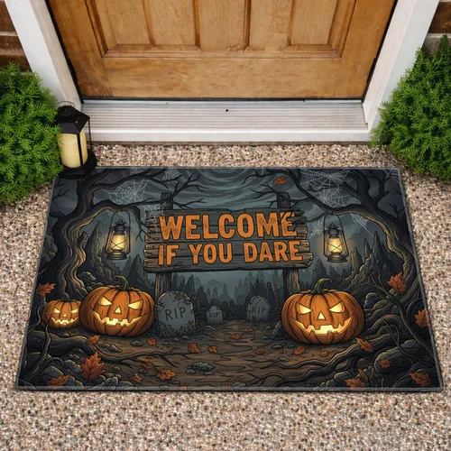 Distressed Welcome Sign Jack-o'-Lanterns Graveyard - Halloween Party Doormat