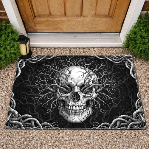 Human Skull with Gnarled Tree Roots and Branches Sprouting - Gothic Home Decor Gift for Dark Academia Doormat