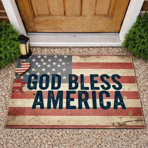 God Bless America Flag Heart - Farmhouse Home Decor for Veterans Doormat