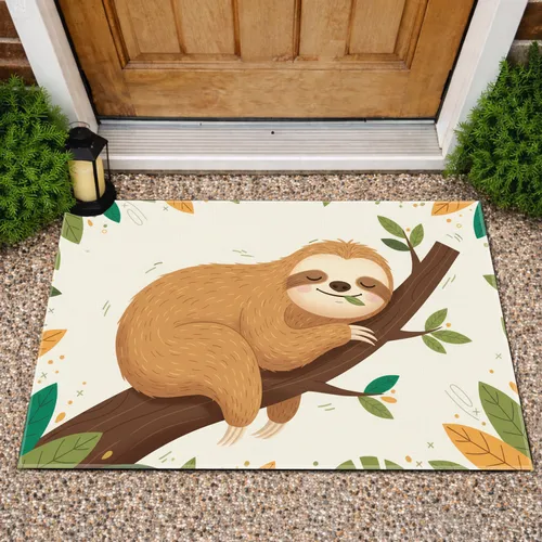 Sleeping Sloth Curled Tree Branch Green Leaf - Home Decor Gift for Sloth Lover Doormat